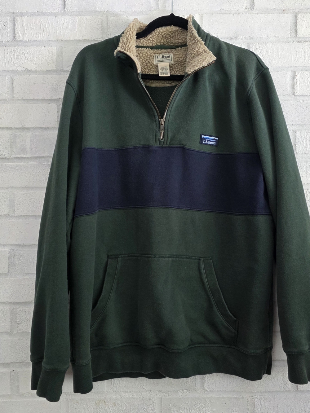 Vintage L.L.Bean Men's Green Navy Colorblock 1/4 Zip Mock Neck Sweatshirt Large